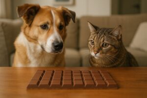 Pies i kot przy tabliczce czekolady