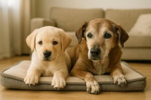Szczeniak i pies staruszek obok siebie