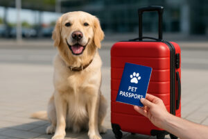 Pies siedzący przy walizce gotowy na zagraniczną podróż