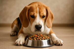 Pies przy misce z karmą na zdrową sierść