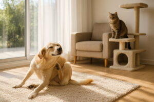 Drapiący się pies na dywanie