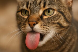Kot z wystawionym szorstkim językiem