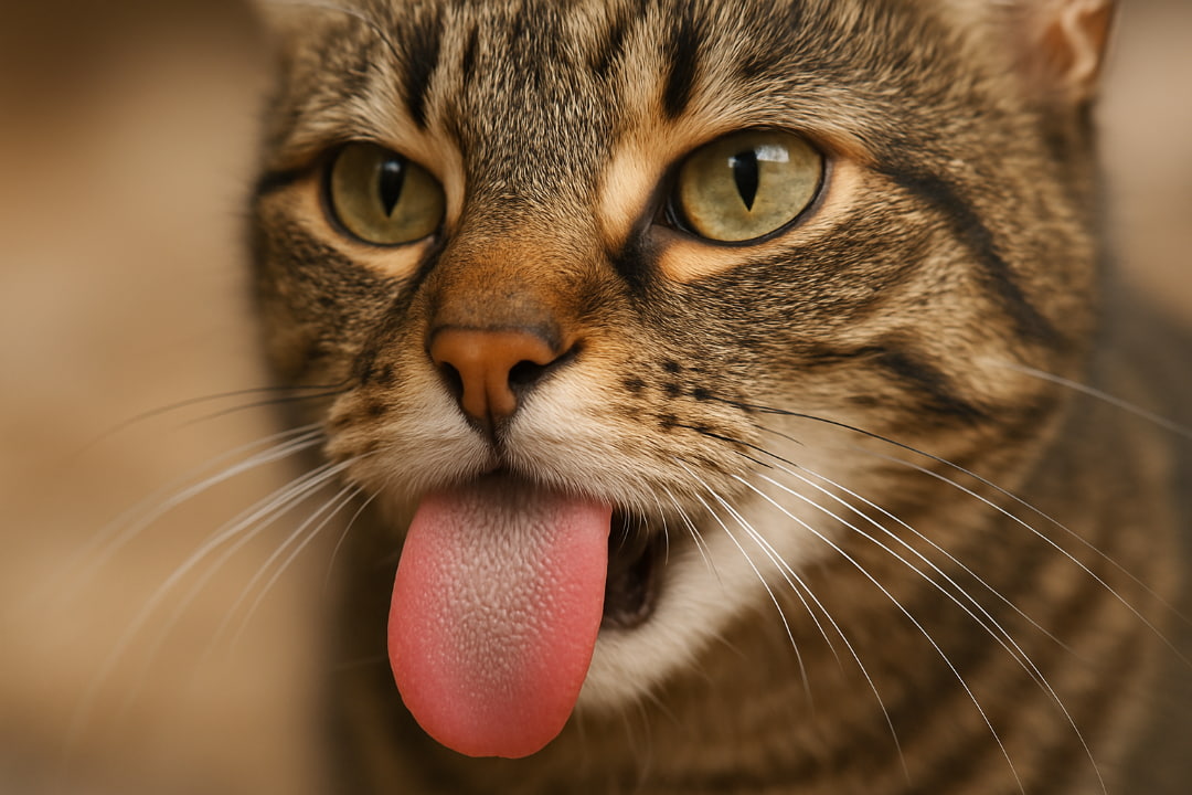 Kot z wystawionym szorstkim językiem