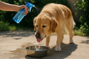 Pies przy misce z wodą chłodzony zraszaczem w upał