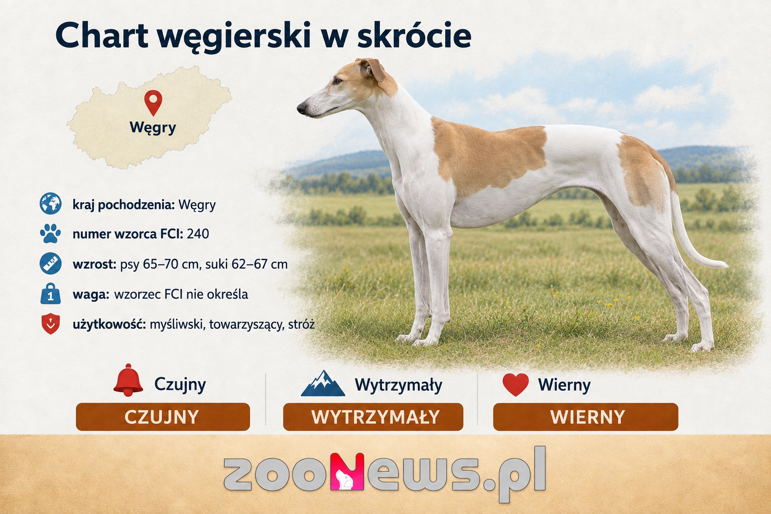 Chart węgierski w skrócie — pochodzenie, wzorzec FCI, wzrost, użytkowość i charakter