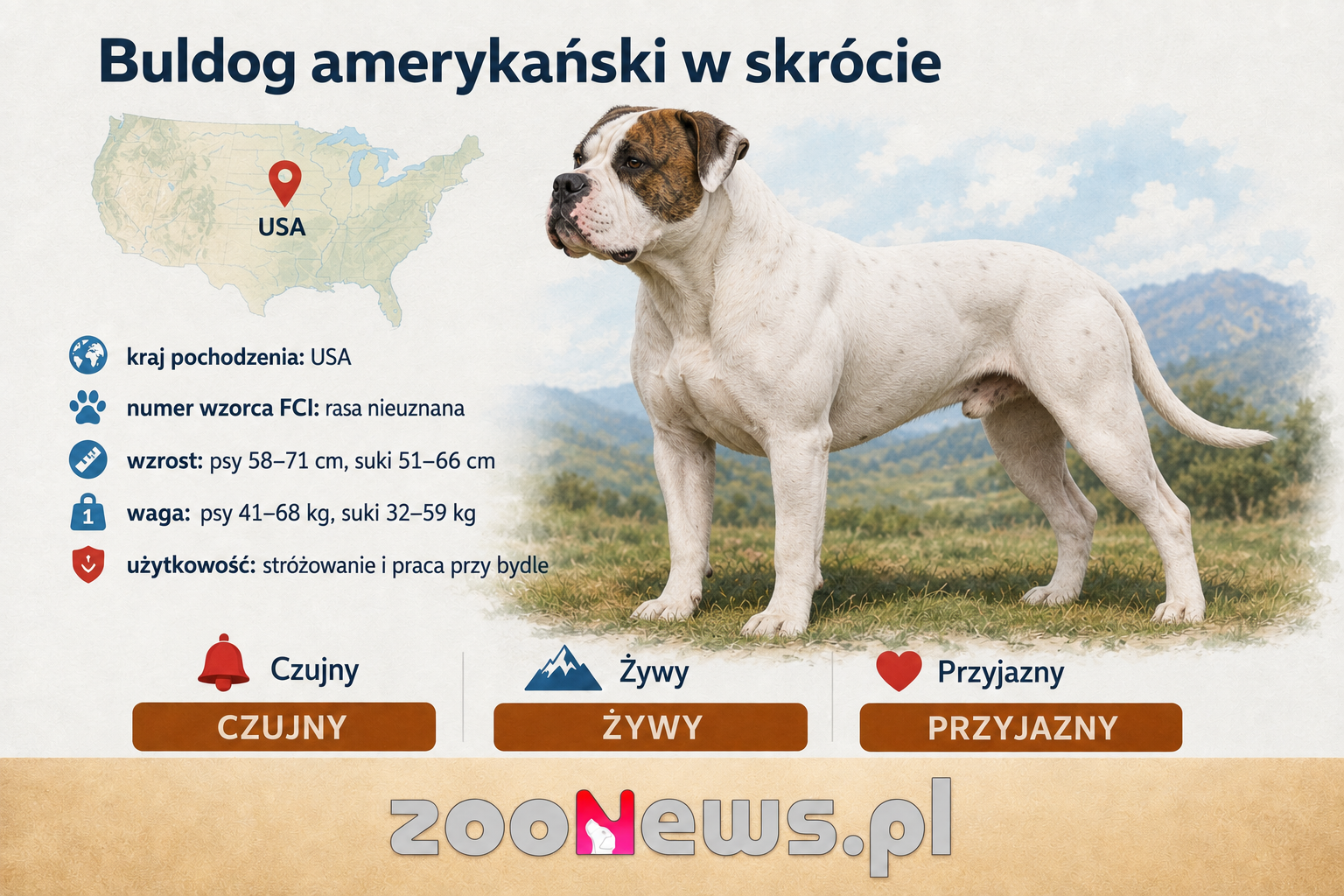 Buldog amerykański — infografika z danymi książkowymi z 2024 roku