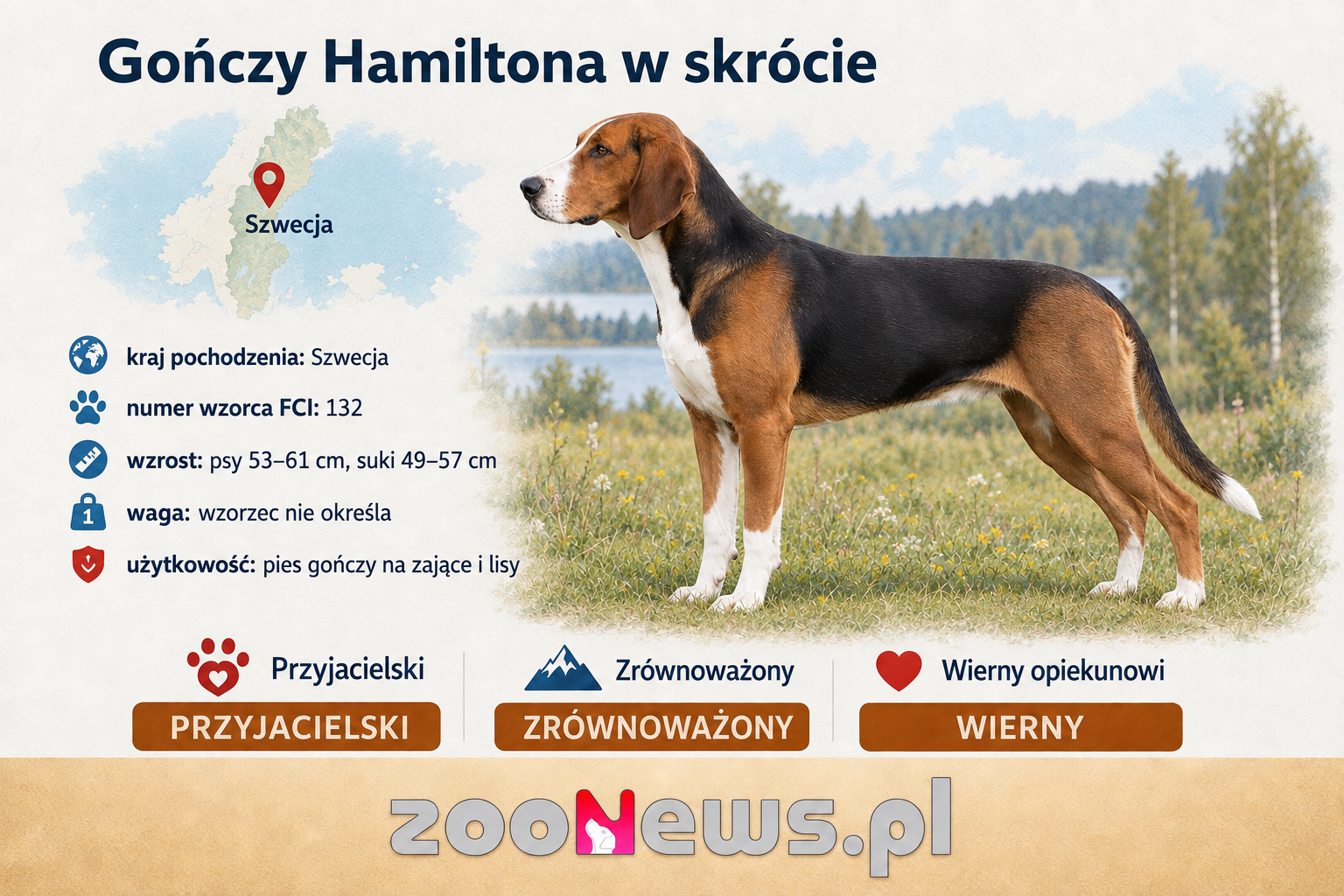 Gończy Hamiltona w skrócie — pochodzenie, wzrost, użytkowość i charakter