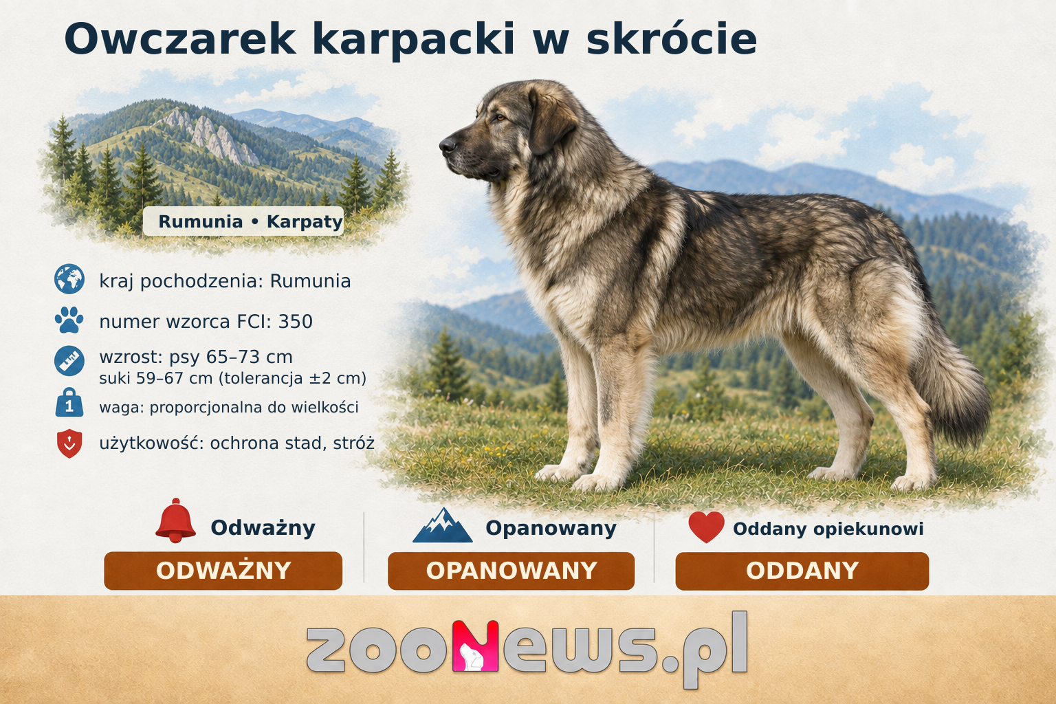 Infografika — pochodzenie, wielkość i charakter owczarka karpackiego
