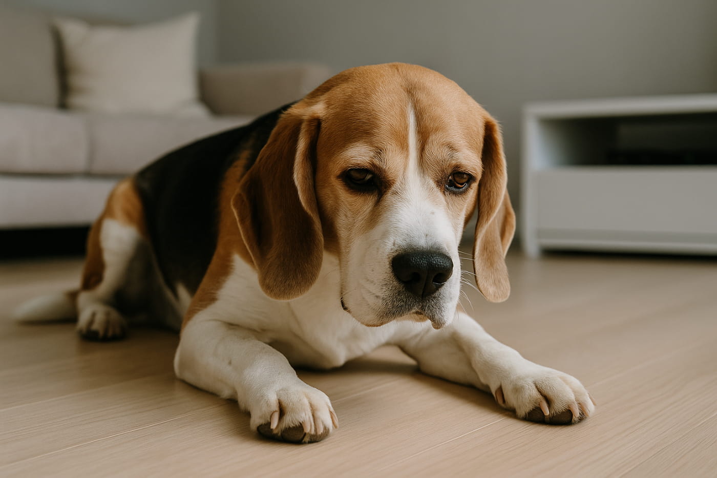 beagle na podłodze z objawami niestrawności
