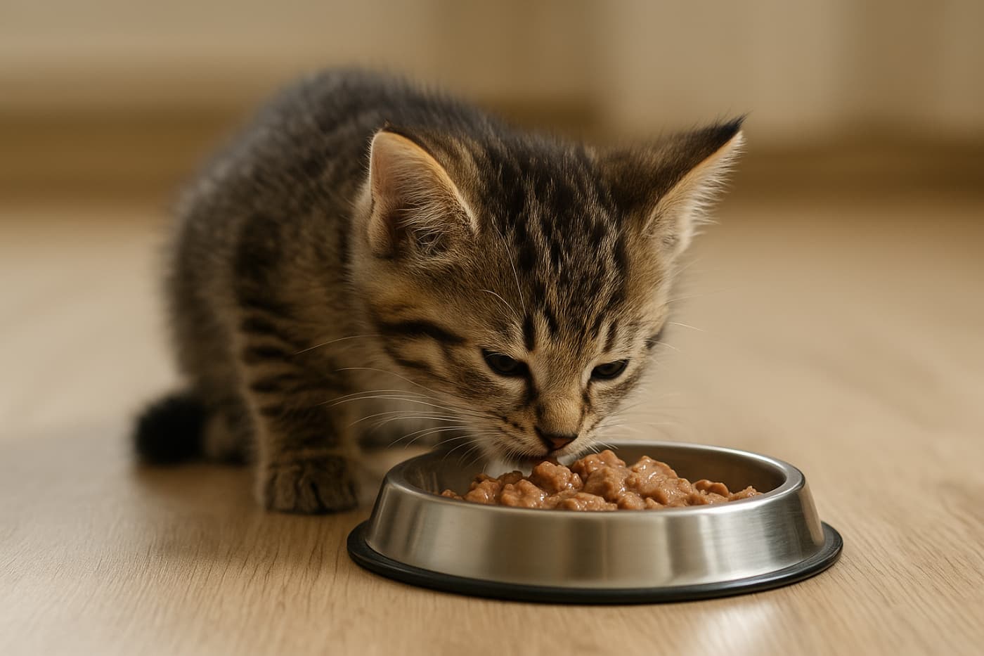 Młody kot przy misce z mokrą karmą
