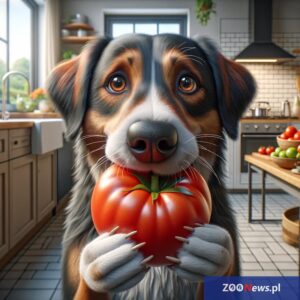 Pies z pomidorem w pysku w kuchni