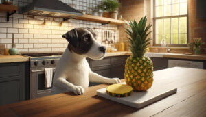 Pies przy ananasie na stole