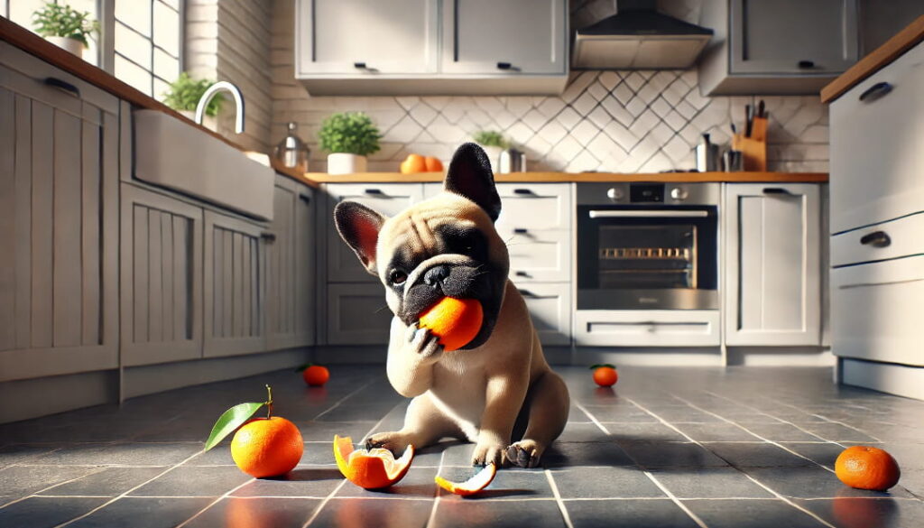 Buldog jedzący mandarynkę