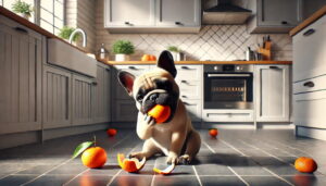 Buldog jedzący mandarynkę