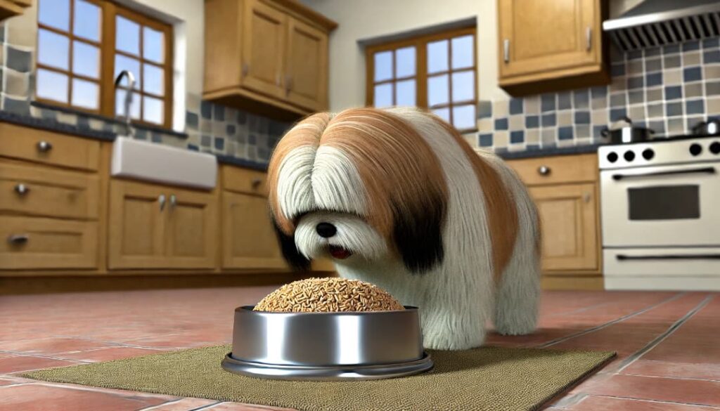 Lhasa apso jedzący brązowy ryż