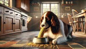 Pies z kolbą kukurydzy w pysku