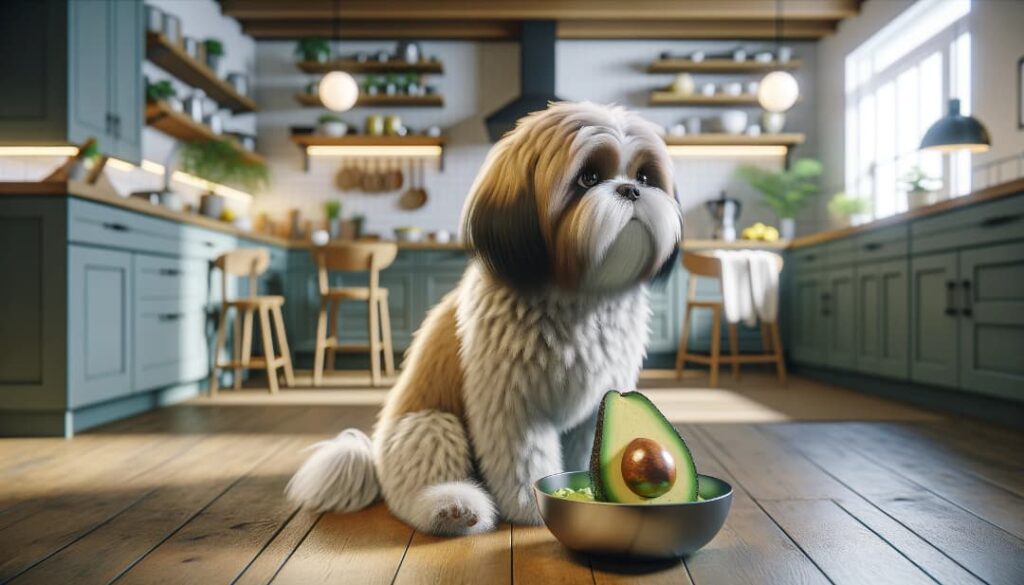 Pies w kuchni z awokado w misce