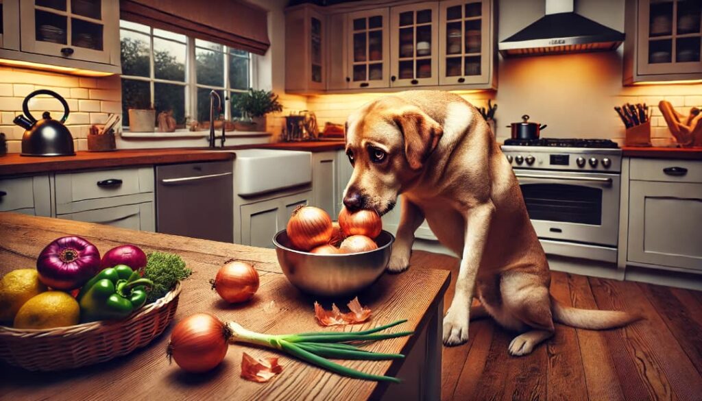 Pies w kuchni je cebulę
