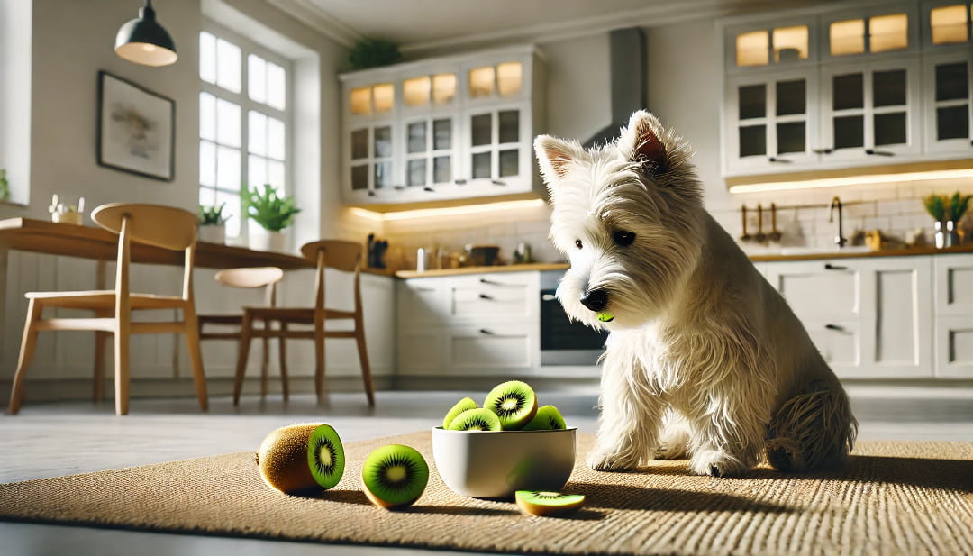 Pies w kuchni z kiwi w misce