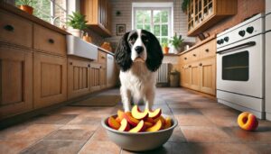 Pies w kuchni z brzoskwiniami w misce
