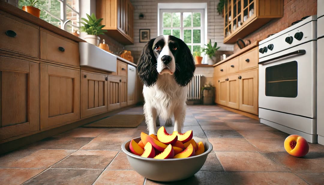 Pies w kuchni z brzoskwiniami w misce