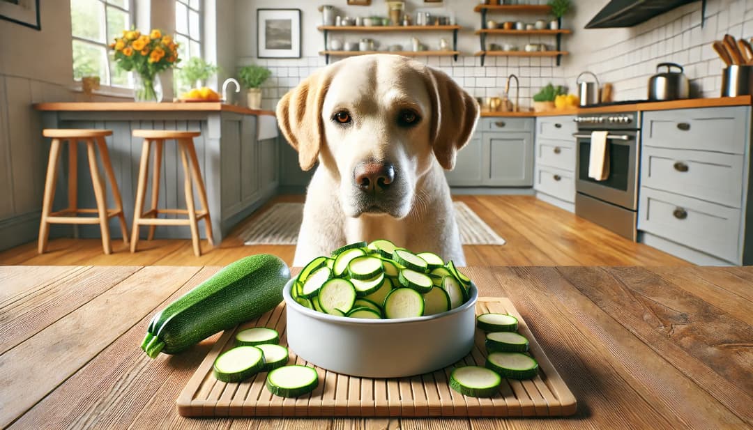 Pies w kuchni przy misce z cukinią