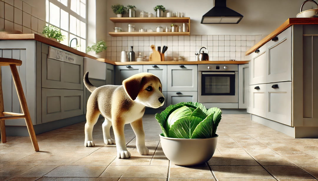 Pies w kuchni z kapustą w misce