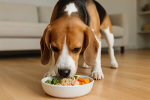 Pies z cukrzycą przy misce z jedzeniem