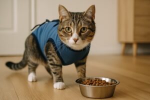 Kot po kastracji przy misce z karmą