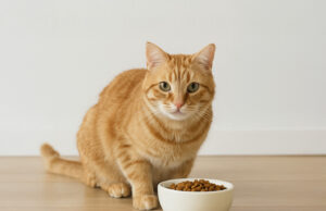Kot z chorymi nerkami przy misce z karmą