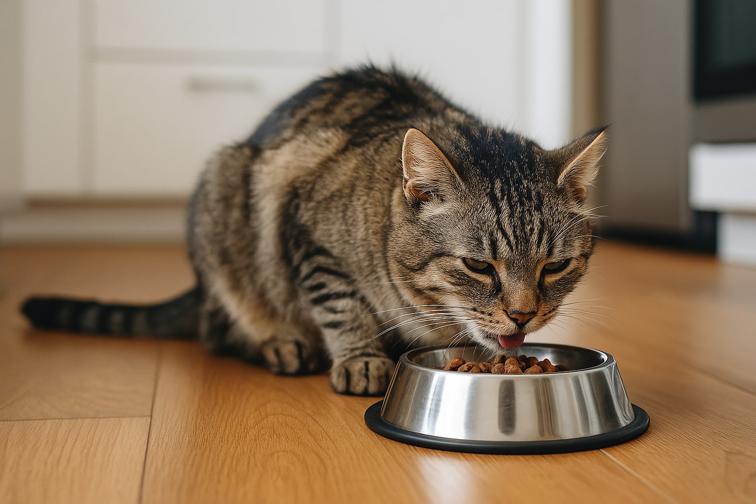 Kot jedzący karmę dla kotów z chorymi nerkami