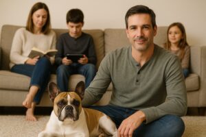 Pies ze swoim panem na dywanie