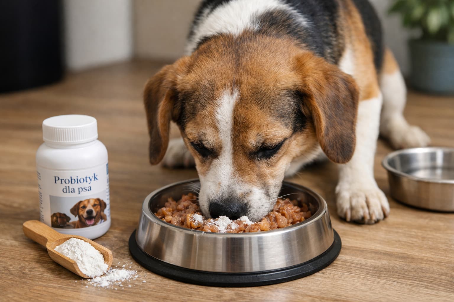Beagle je jedzenie z probiotykiem